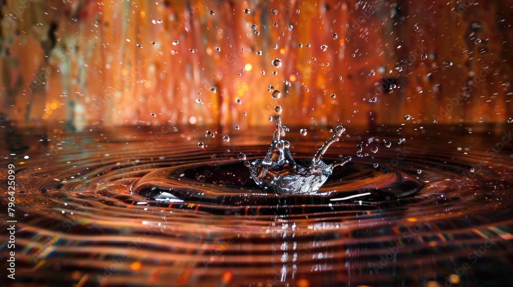 Poster water drop falling into a pool of water, suitable for science or nature concepts