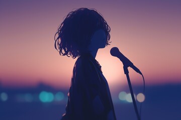 illustration silhouette of a female singer with microphone on foggy blurred evening background