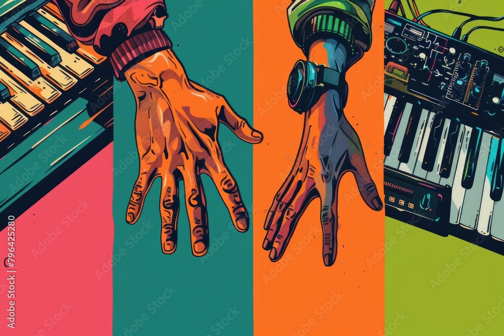 Poster A person wearing headphones and using a keyboard. Ideal for technology concepts