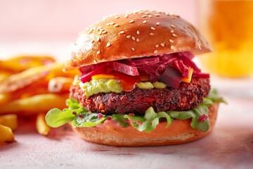 Juicy beet burger with zesty pickles and avocado, accompanied by fries