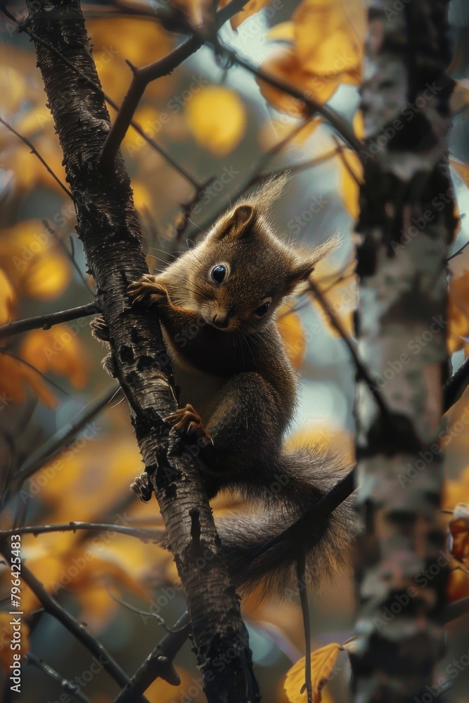 Poster A squirrel perched on a tree branch in autumn. Suitable for nature and wildlife themes