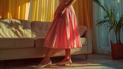 A woman in a pink dress standing in front of a couch. Suitable for lifestyle and fashion concepts