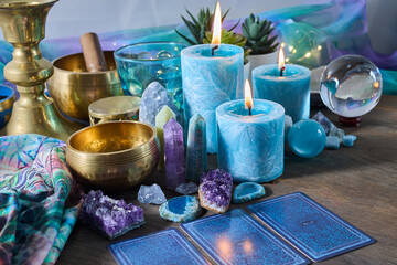 Mystical Atmosphere with Candles and Crystals