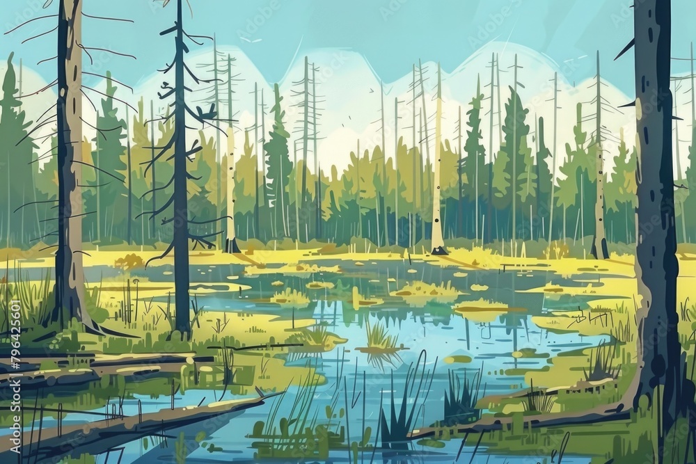 Poster a painting of a swamp in the middle of a forest. suitable for nature-themed designs