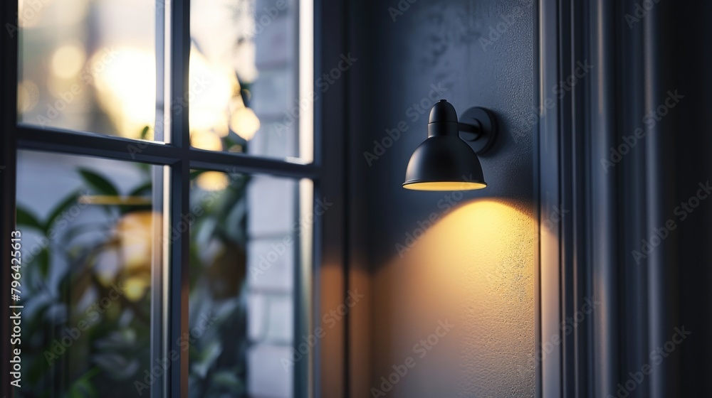 Poster illuminated light fixture on a wall near a window. suitable for interior design concepts