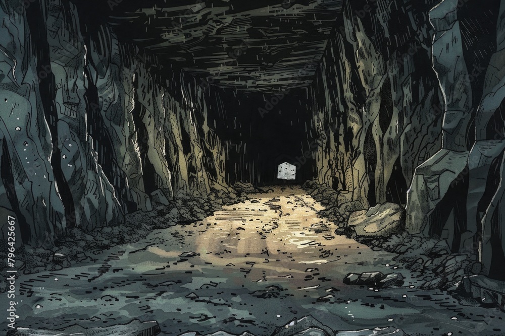 Poster Dark tunnel with a light at the end. Suitable for concepts of hope and overcoming challenges