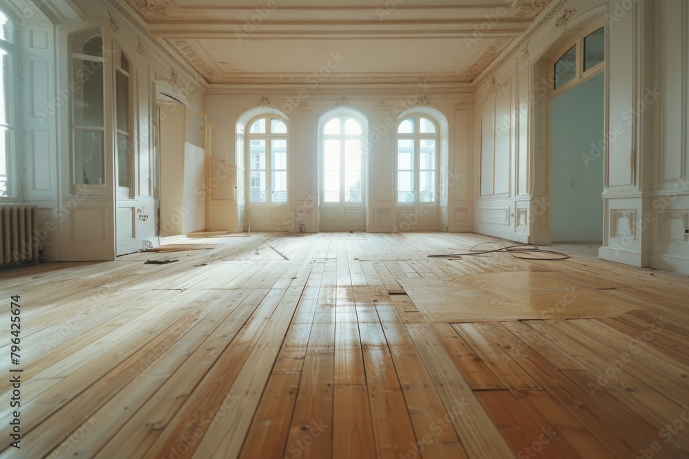 Poster A simple image of an empty room with wood floors and windows. Suitable for interior design concepts