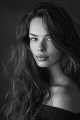 portrait of a beautiful woman with a long hair, black and white, real life photo, professional photo