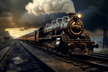 Naklejka premium Train Traveling Down Train Tracks Under a Cloudy Sky