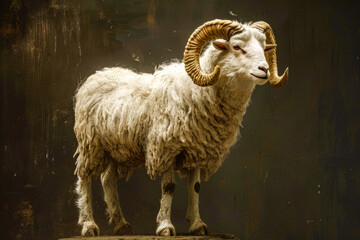 Image of ram with large horns stands on rocky surface.