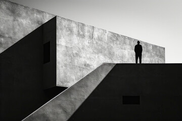 Man stands at the top of large concrete staircase.