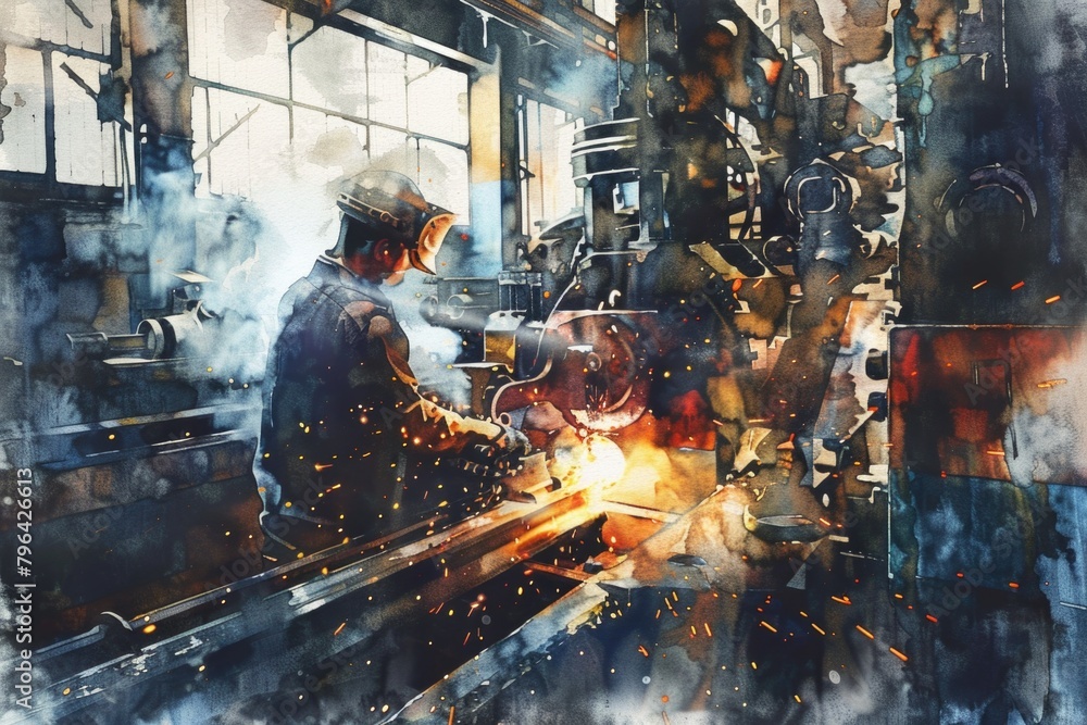 Poster a man working on a machine in a factory. suitable for industrial concepts