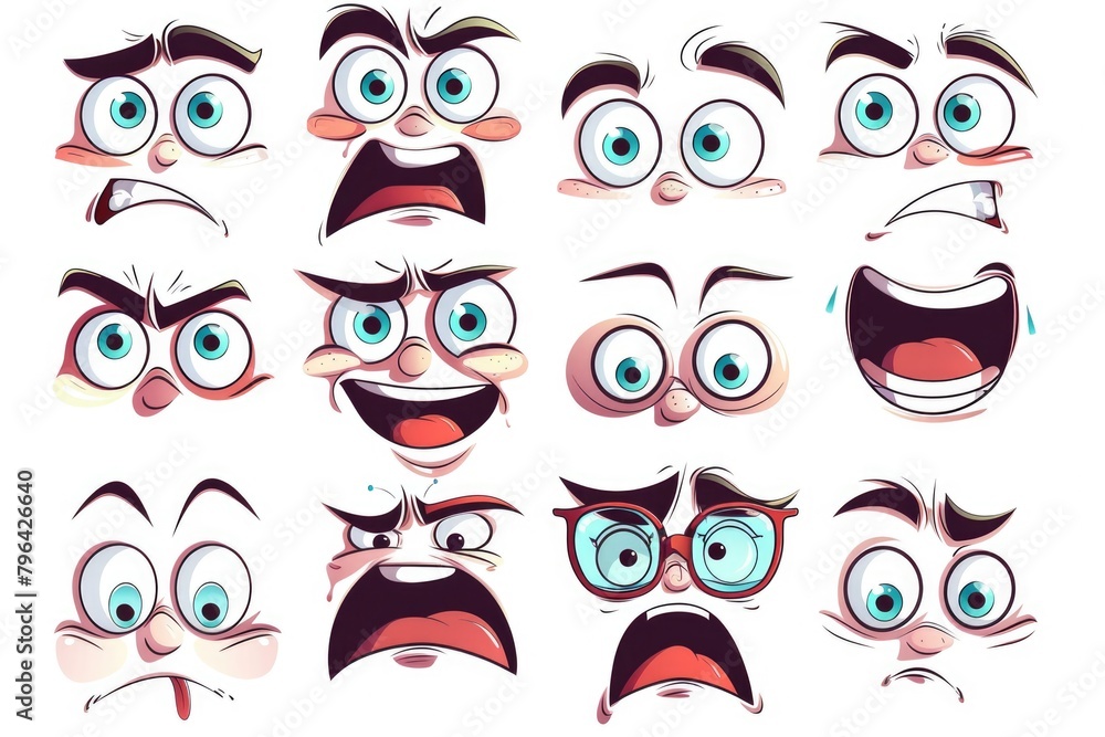 Aufkleber collection of various cartoon faces showing different emotions. ideal for illustrating a range of fe