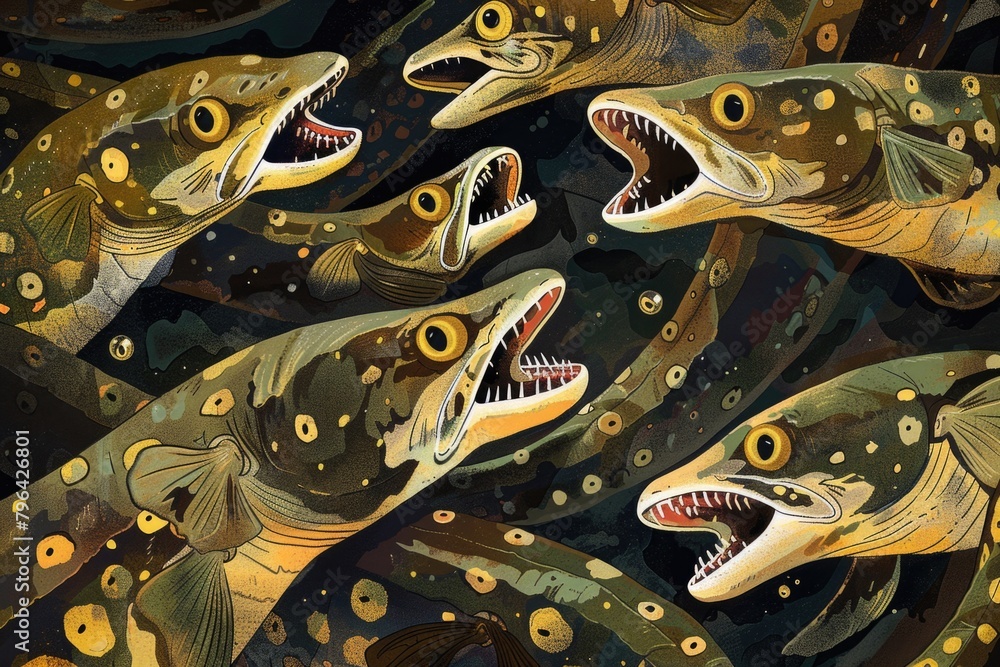 Poster A painting of a group of fish with open mouths. Suitable for aquatic themes