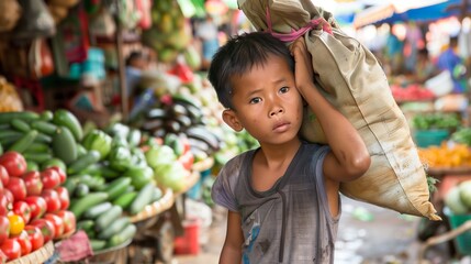 A young boy carrying a heavy bag of groceries from the market.