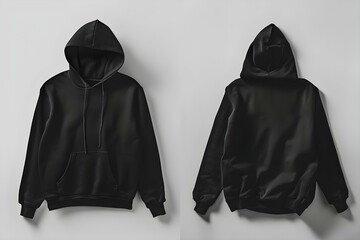 Black Hoodie Mockup on White Background: Displaying Front and Back Views. Concept Clothing Mockup, White Background, Front View, Back View, Black Hoodie