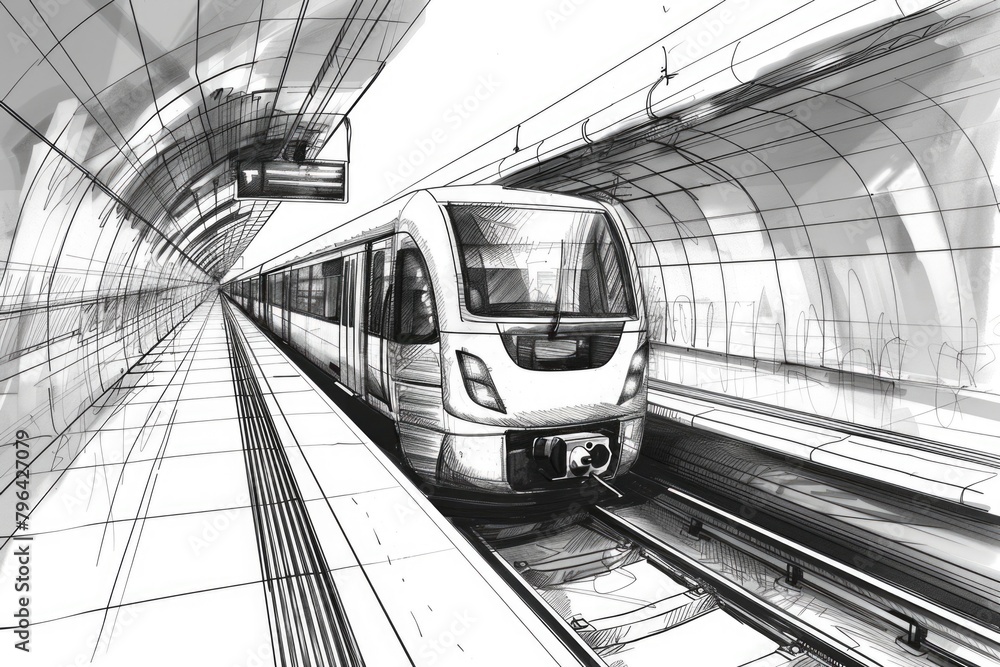 Poster a drawing of a train pulling into a station. ideal for transportation concepts
