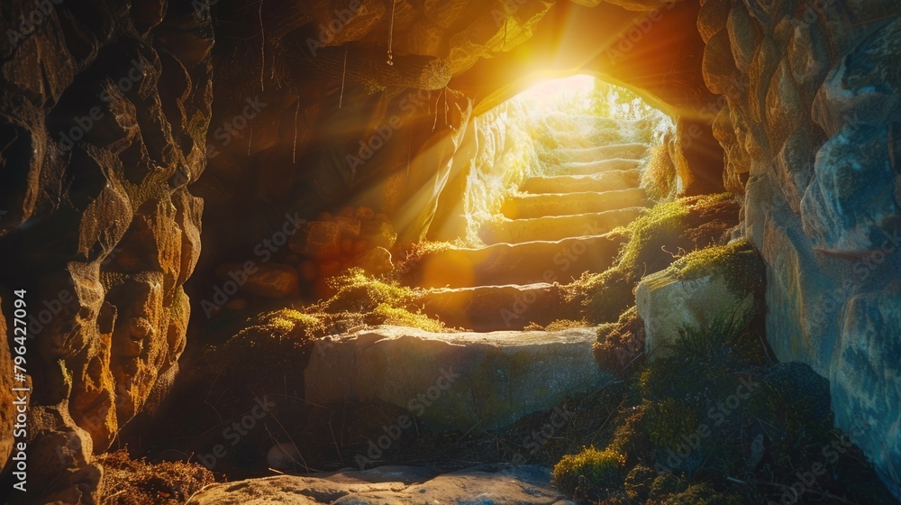 Poster a tunnel with stairs leading to a bright light. ideal for concepts of hope and new beginnings