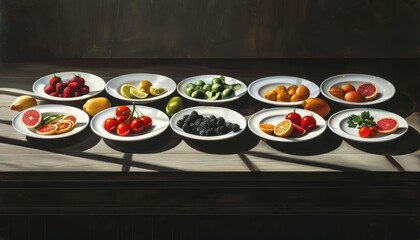 A series of still life paintings featuring empty plates slowly filling up with nutritious foods over time, reflecting the practice of intermittent fasting - obrazy, fototapety, plakaty