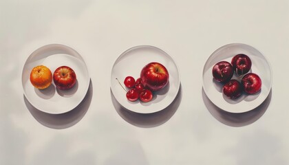 A series of still life paintings featuring empty plates slowly filling up with nutritious foods over time, reflecting the practice of intermittent fasting
