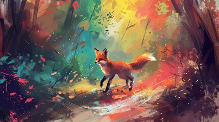 A small fox trots through a colorful forest, its bright eyes curious and eager to learn, bright water color