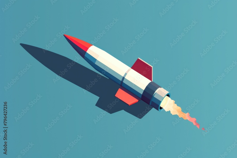 Poster A red and white rocket flying through the sky. Suitable for science and technology concepts