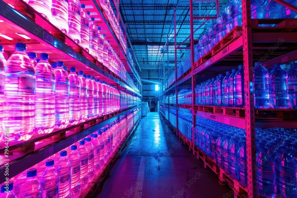 Poster a long row of shelves filled with bottles of water. suitable for commercial use
