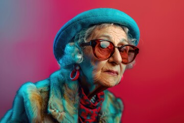 An old woman wearing glasses and a fur coat. Suitable for lifestyle and fashion concepts