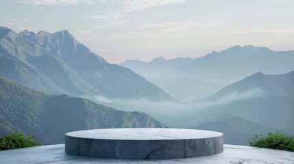 White Podium with a view of the mountains with trees. The front showcase with a stage for products. A pedestal for the presentation of goods, generative ai