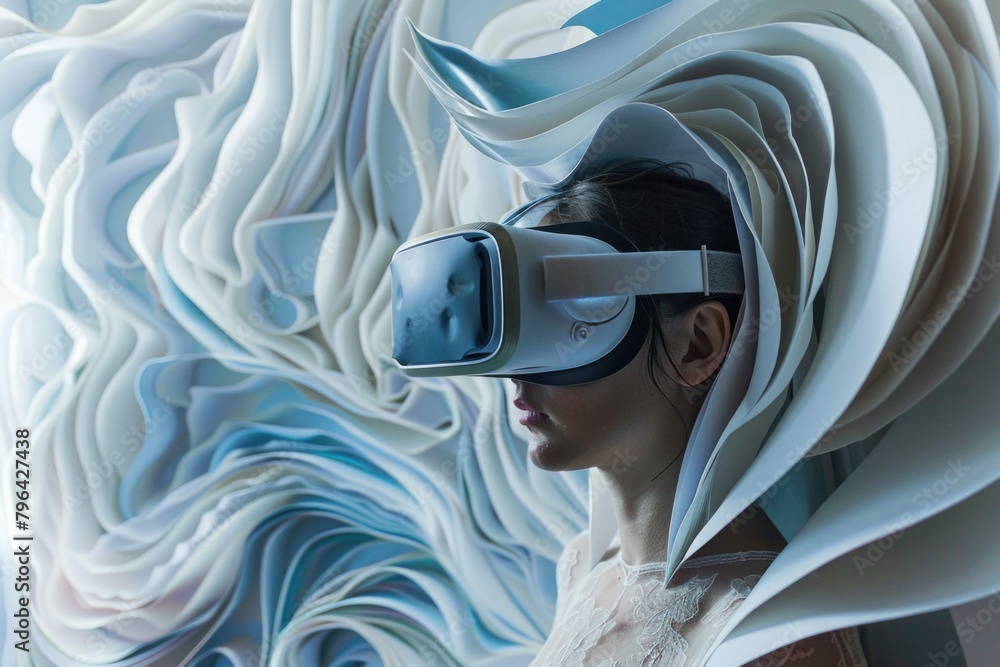 Poster a woman using a virtual reality headset. suitable for technology concepts