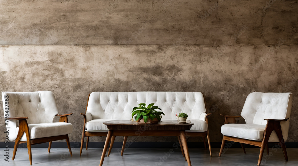 Poster living room with white couch and two chairs in front of dirty cement wall.