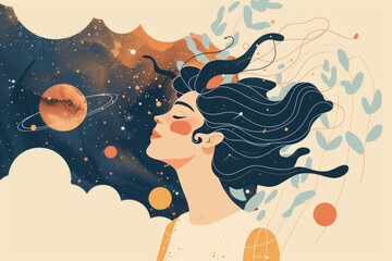 A woman with her eyes closed and hair blowing in the wind. Suitable for beauty and relaxation concepts