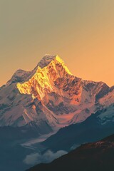 Realistic photography of snowcapped mountains, golden light shining on the top peak, sunrise.