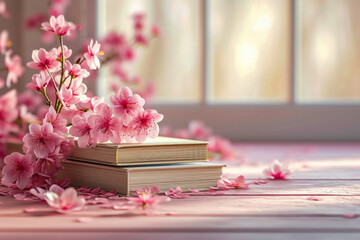 Book sits on table next to few pink flowers.