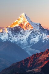 Naklejka premium Realistic photography of snowcapped mountains, golden light shining on the top peak, sunrise. -9925-4462-a361-7d48adb86a73