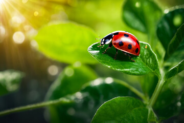 Ladybug is sitting on green leaf.