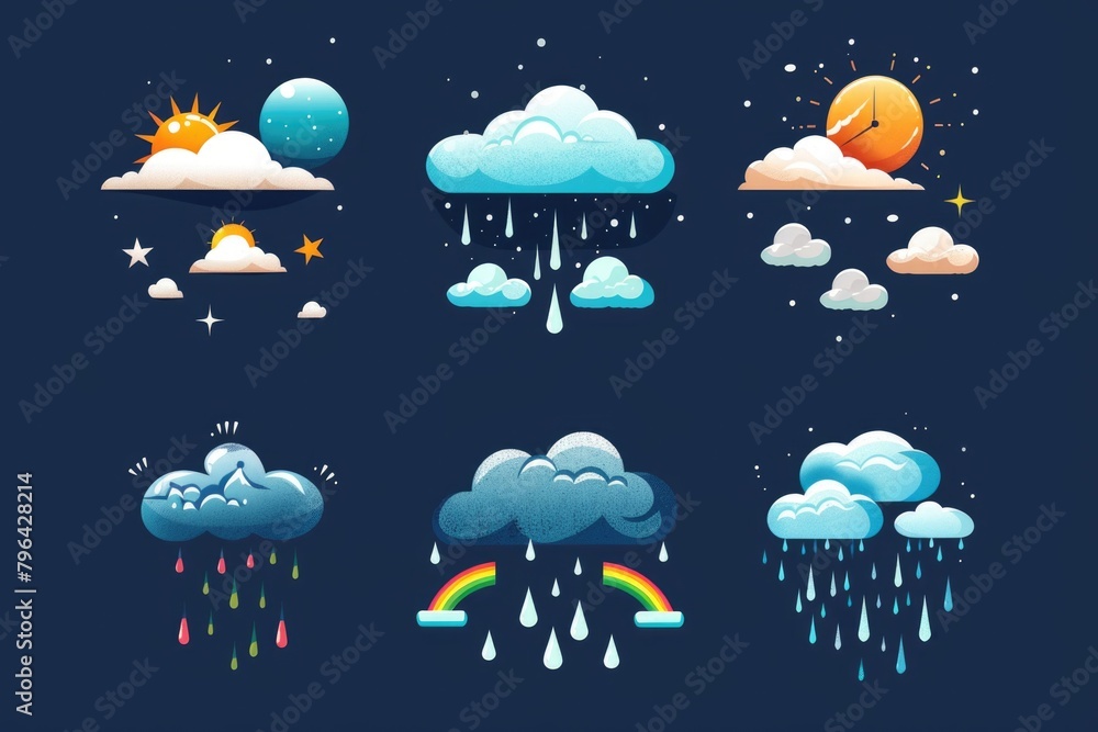 Poster various weather icons on a dark blue background, suitable for weather forecast graphics