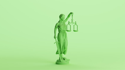 Lady justice judicial system classic statue woman green mint soft tones background quarter right view 3d illustration render digital rendering - 796428450
