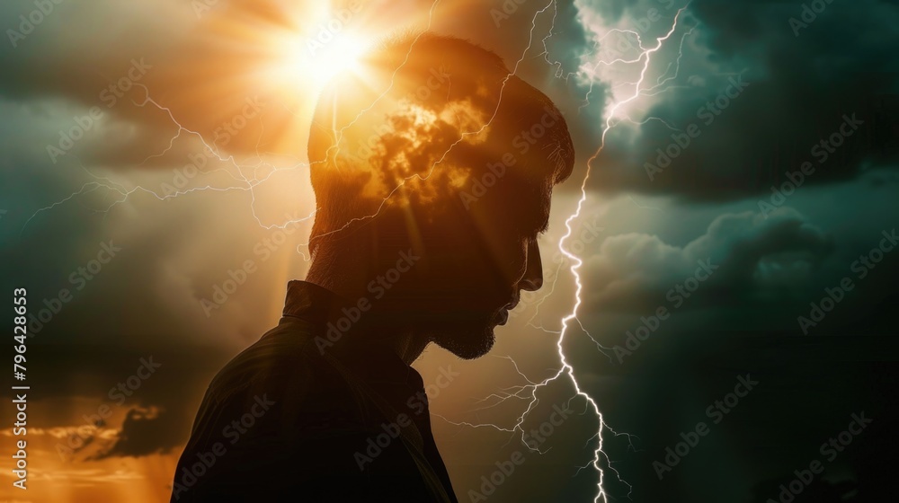 Poster a striking silhouette of a man with lightning emanating from his head. perfect for electrician or en