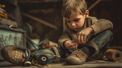 A young boy repairing a pair of old shoes with tape.