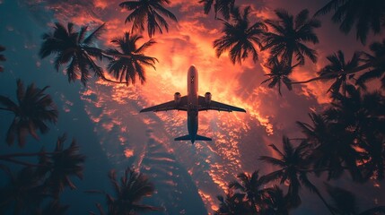 Overhead View of a Plane Flying Among Tropical Palm Silhouettes Against a Sunset Sky