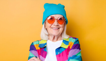Hipster senior woman with sunglasses and beanie. Trendy fashion style colorful wallpaper.