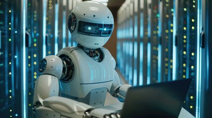 Robot working with laptop in data centre server room as futuristic data storage and Internet connection concept and big data processing in a technologically advanced society