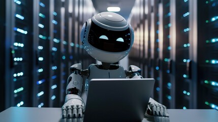 Robot working with laptop in data centre server room as futuristic data storage and Internet connection concept and big data processing in a technologically advanced society