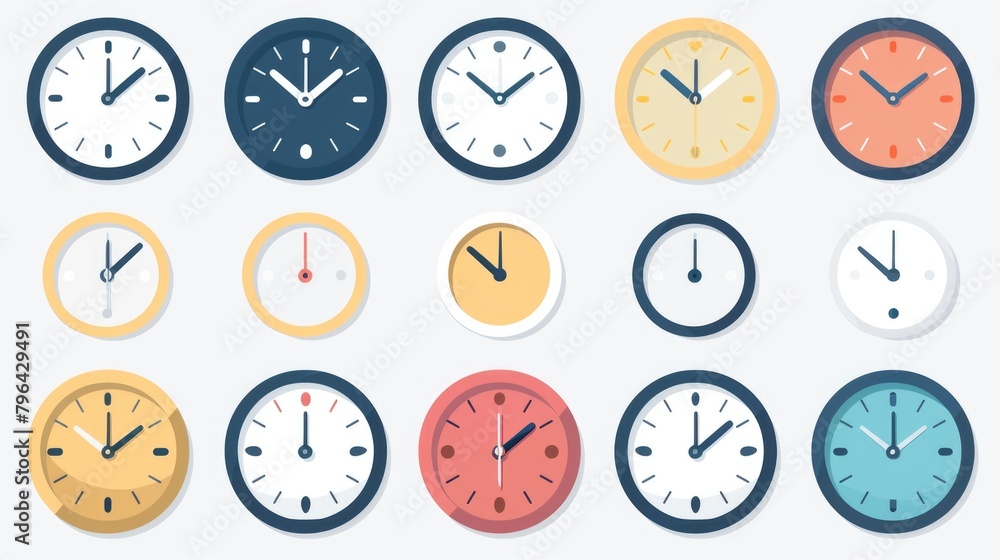 Poster collection of various colored clocks on a plain white surface. ideal for time management concepts