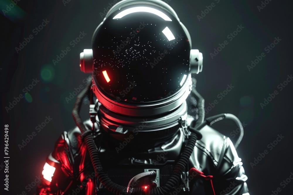 Poster a close up of a person wearing a space suit. suitable for science and technology concepts