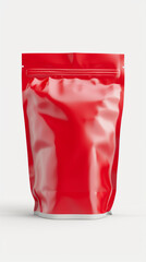 This red doypack matte white bag mockup presents a bold and striking visual for showcasing your product packaging design. The contrast between the vibrant red color and the clean matte white bag