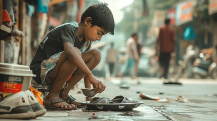 A young boy shining shoes on a busy city street to earn money.