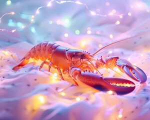 A whimsical arrangement of a small lobster among pastel fairy lights, creating a magical and enchanting atmosphere, no grunge, no dust, 4k