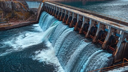 A dam with water flowing out, suitable for environmental themes - obrazy, fototapety, plakaty